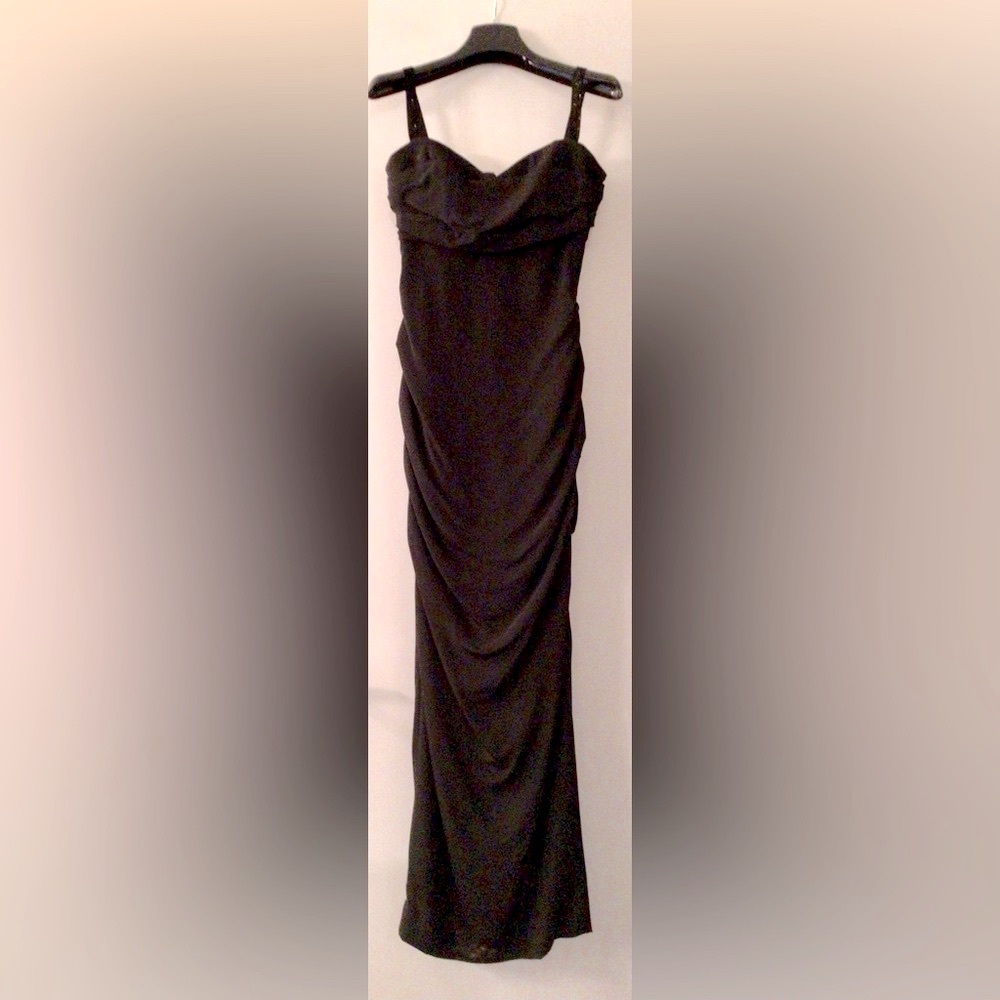 NICOLE MILLER Long Black Stretch Silk Gown w Sparkling Straps or Strapless - US8